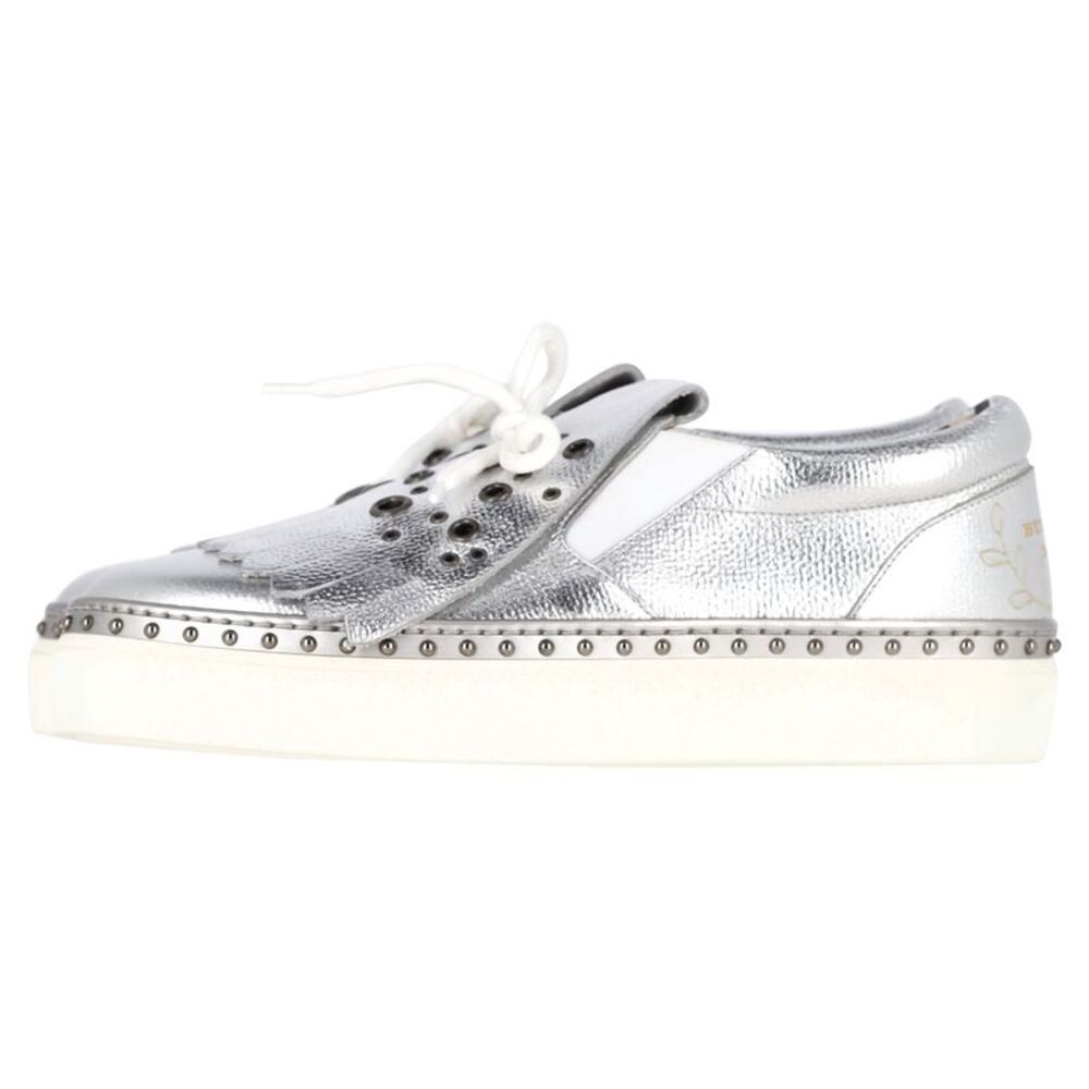 Burberry Kiltie Fringe Detail Slip On Sneakers Metallic Silver Leather - Picture 5 of 8